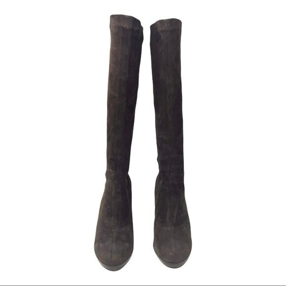 Robert Clergerie Tall Dark Brown Stretch Suede Heeled Sock Boots Size 8.5 - Picture 3 of 11
